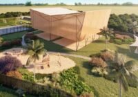 Áreas de lazer do Mirador Playa Arenas - Capão Novo: edifício clube moderno, quadra esportiva, playground e paisagismo.