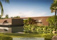 Condomínio Raro - Xangri-lá: edifício contemporâneo com fachada em madeira e vidro, sobre lago. Palmeiras e vegetação exub...