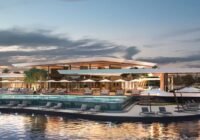Clube social moderno do Condomínio Royal Lake, com piscinas e lounges à beira-lago. Arquitetura contemporânea e iluminação...